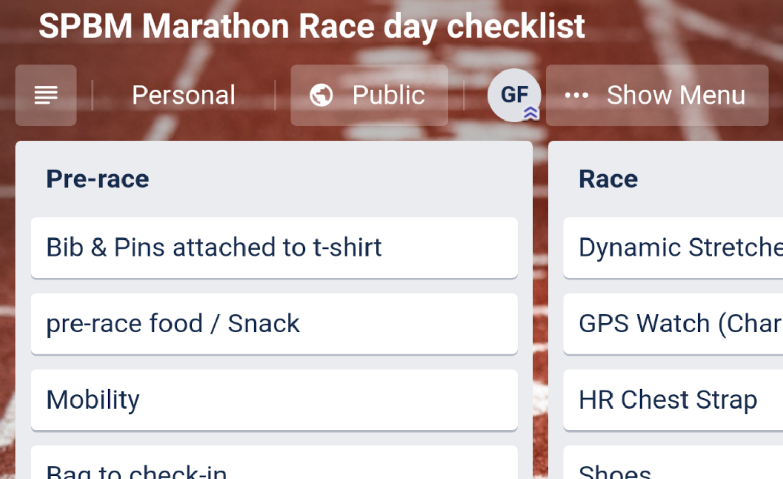 Raceday checklist